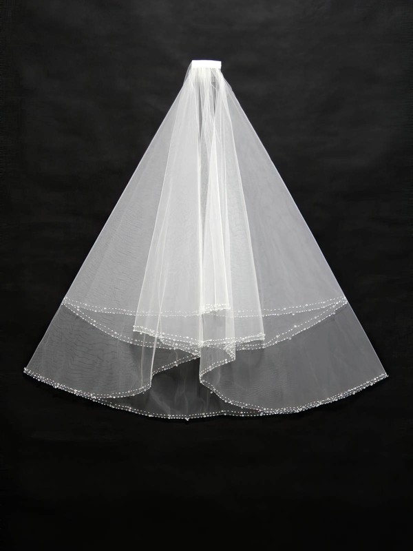 Three-tier White/Ivory Fingertip Bridal Veils with Beading #LDB03010170