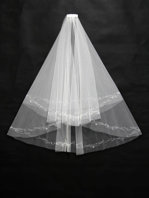 Three-tier White/Ivory Fingertip Bridal Veils with Beading #LDB03010171