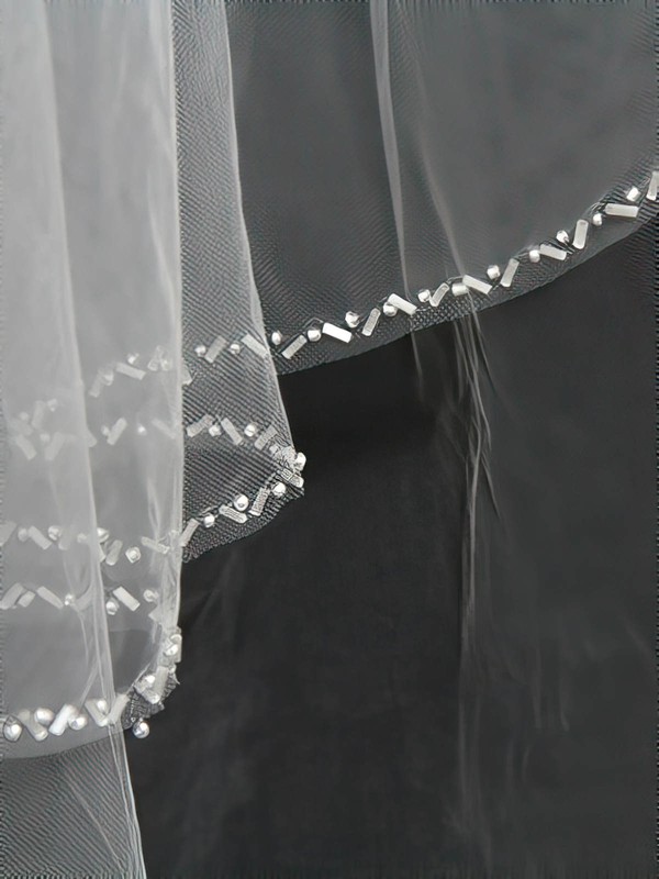 Two-tier White/Ivory Fingertip Bridal Veils with Beading #LDB03010172