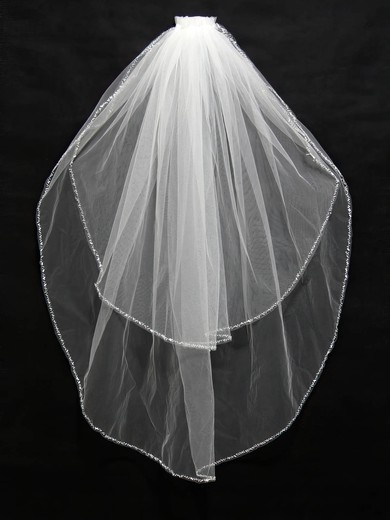 Two-tier White/Ivory Fingertip Bridal Veils with Beading #LDB03010172