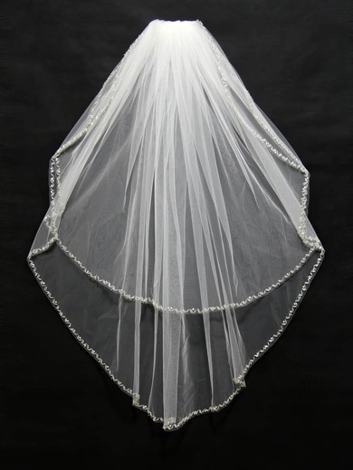 Two-tier White/Ivory Fingertip Bridal Veils with Beading #LDB03010173