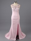 Pink Silk-like Satin Sheath/Column Scoop Neck Beading and Split Front Open Back Prom Dress #LDB02019148