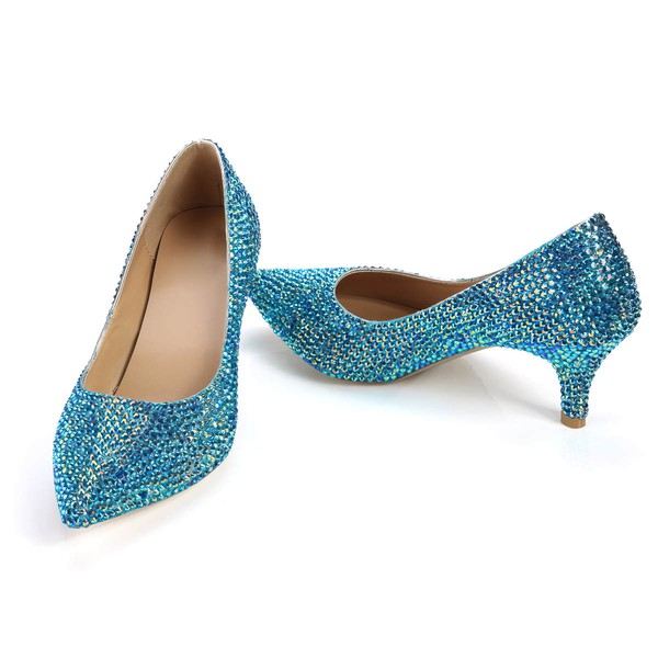 Women's Blue Real Leather Pumps with Crystal