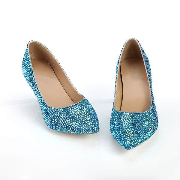 Women's Blue Real Leather Pumps with Crystal