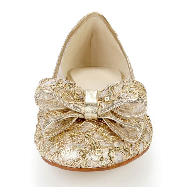 Women's Light Golden Real Leather Closed Toe with Bowknot/Sequin #LDB03030384