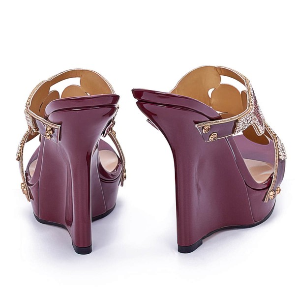 Women's Burgundy Patent Leather Sandals with Crystal