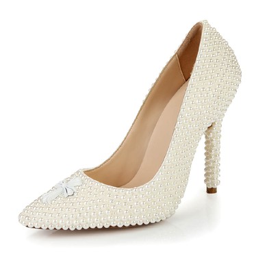 Women's Ivory Patent Leather Closed Toe with Imitation Pearl #LDB03030396