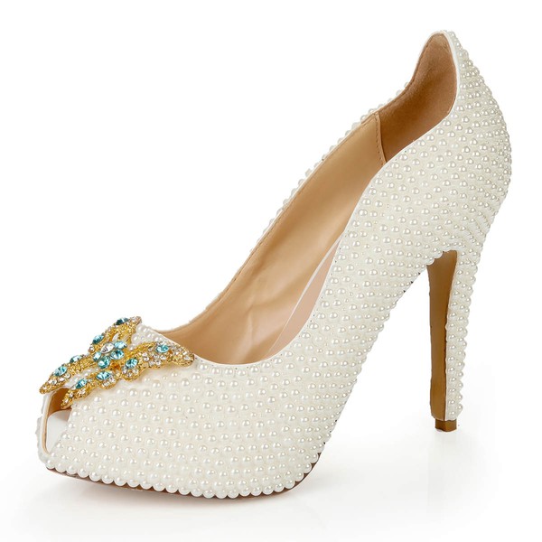Women's Ivory Patent Leather Pumps with Rhinestone/Pearl