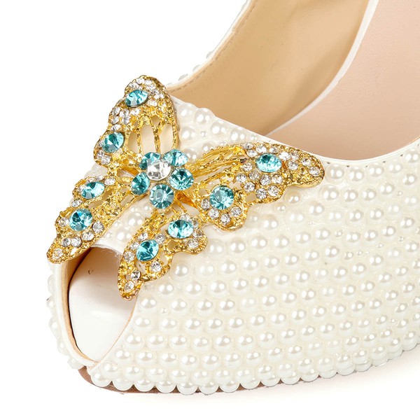 Women's Ivory Patent Leather Pumps with Rhinestone/Pearl