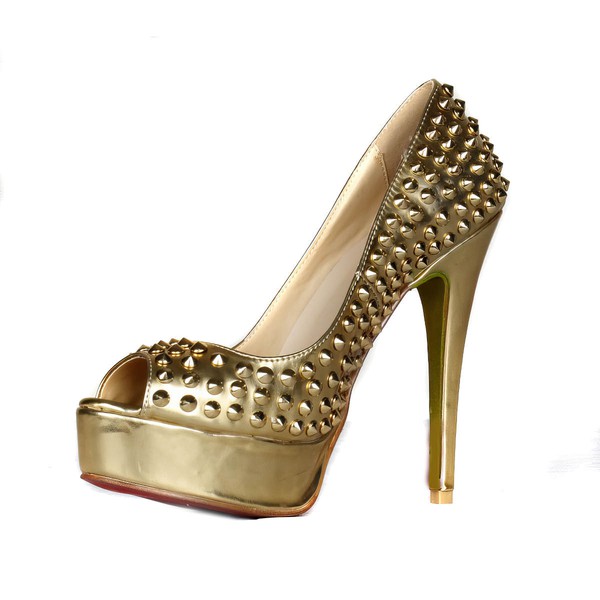 Women's Gold Patent Leather Pumps with Rivet #LDB03030411