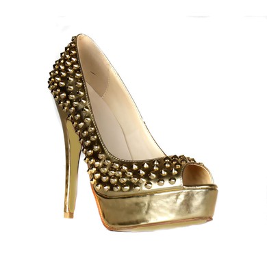 Women's Gold Patent Leather Pumps with Rivet #LDB03030411