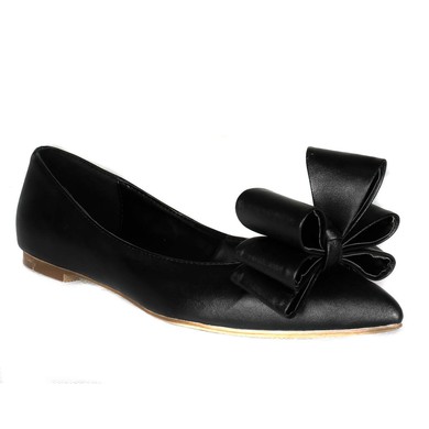 Women's Black Real Leather Flats with Bowknot #LDB03030414