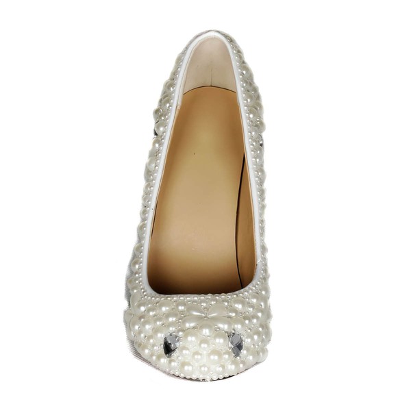 Women's Ivory Patent Leather Pumps with Rhinestone/Crystal Heel/Pearl