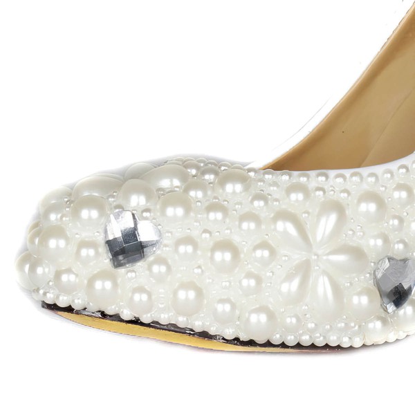 Women's Ivory Patent Leather Pumps with Rhinestone/Crystal Heel/Pearl