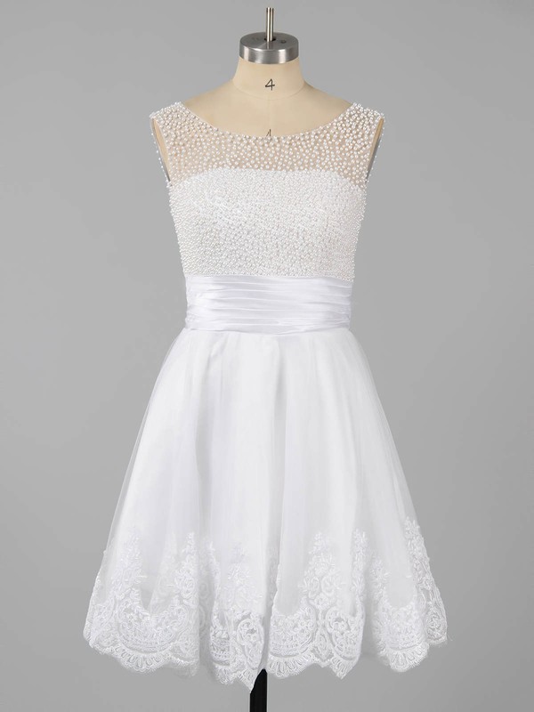 Tulle Scoop Neck Short/Mini with Pearl Detailing Girls White Prom Dresses #LDB02051621
