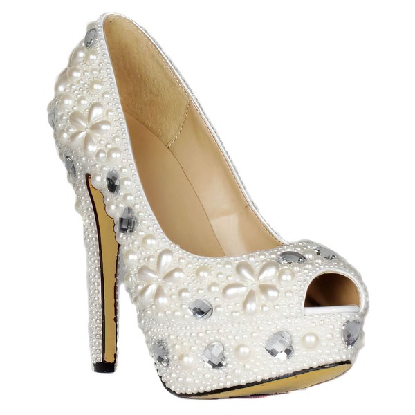 Women's Ivory Patent Leather Pumps with Crystal Heel/Pearl #LDB03030424