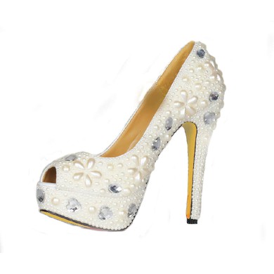 Women's Ivory Patent Leather Pumps with Crystal Heel/Pearl #LDB03030424