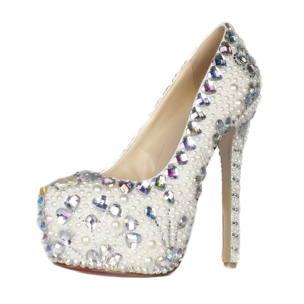 Women's Ivory Patent Leather Pumps with Crystal/Crystal Heel/Pearl #LDB03030426