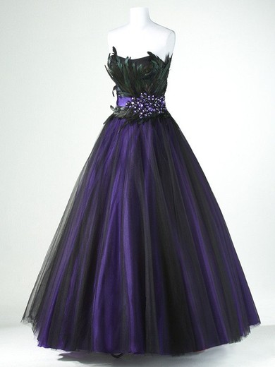 A-line Tulle Strapless Floor-length Feathers/Fur Prom Dresses #LDB02060047