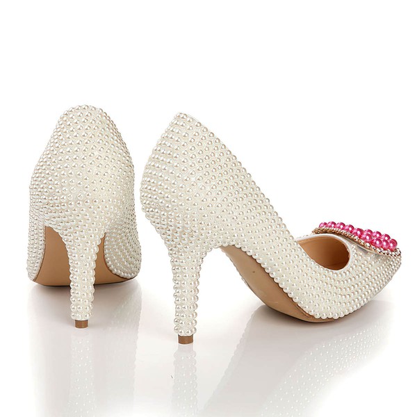 Women's White Patent Leather Pumps with Crystal/Pearl