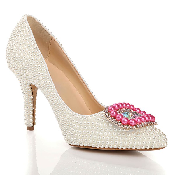 Women's White Patent Leather Pumps with Crystal/Pearl
