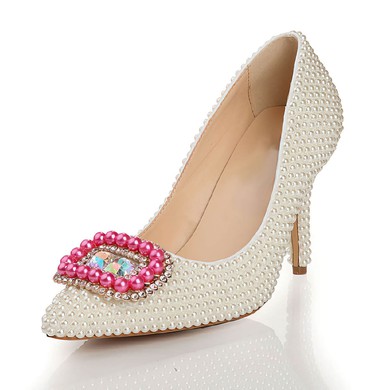 Women's White Patent Leather Pumps with Crystal/Pearl #LDB03030440