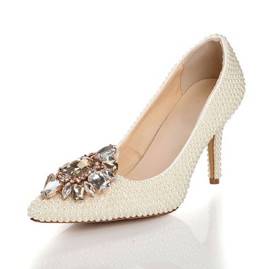 Women's Ivory Patent Leather Pumps with Rhinestone/Pearl #LDB03030441