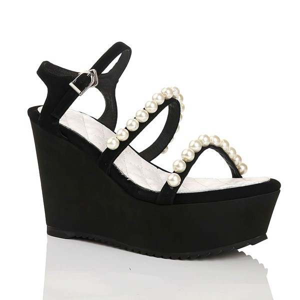 Women's Black Velvet Sandals with Buckle/Imitation Pearl
