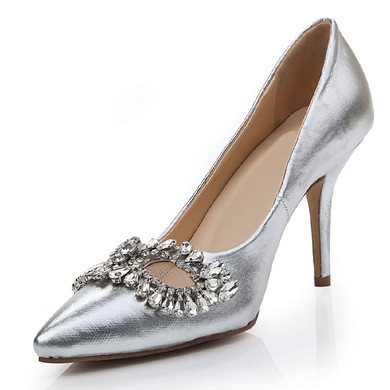 Women's Silver Real Leather Pumps with Rhinestone/Hollow-out #LDB03030468