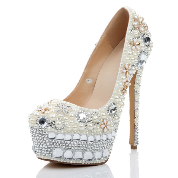 Women's White Patent Leather Pumps with Crystal/Crystal Heel/Pearl