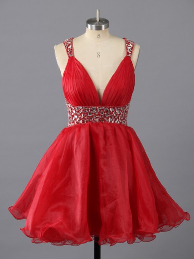 Short/Mini Crystal Detailing Open Back Red Organza V-neck Prom Dress #LDB02111404