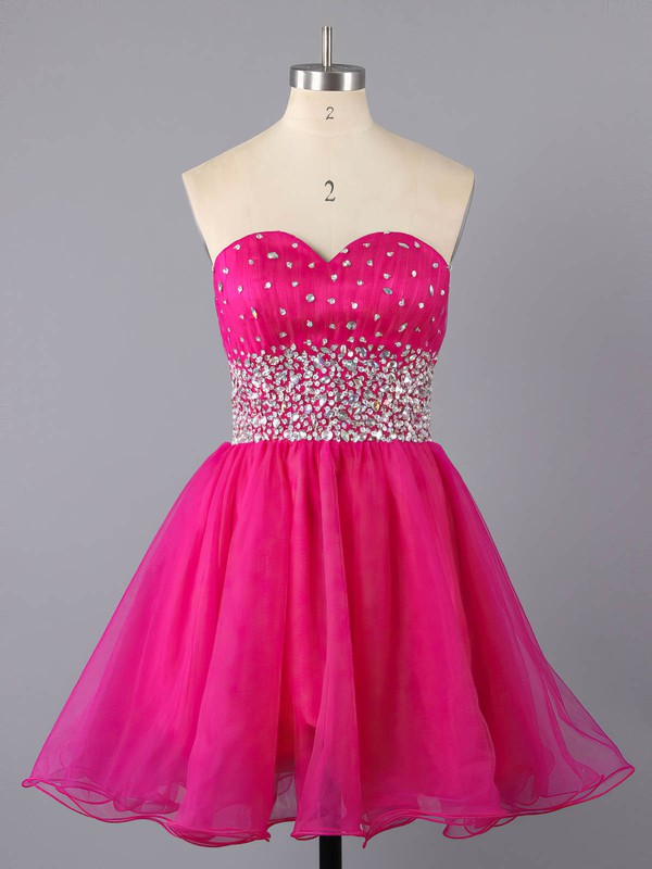 Fuchsia Tulle Short/Mini Crystal Detailing Lace-up Sweetheart Prom Dresses #LDB02111410
