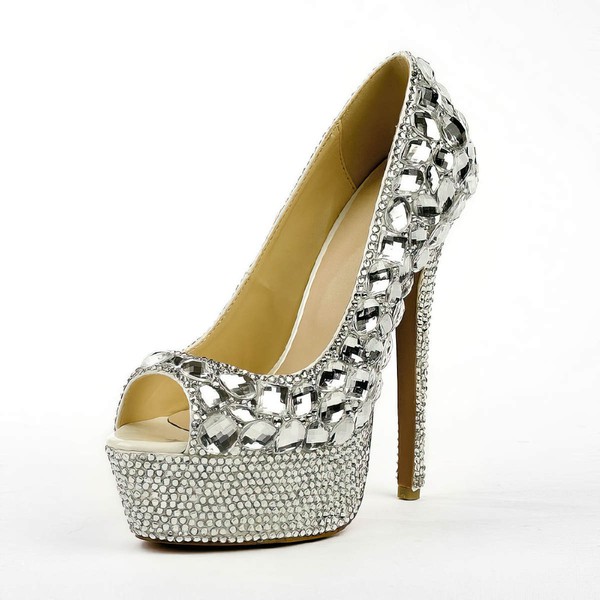 Women's Silver Patent Leather Pumps with Crystal/Crystal Heel