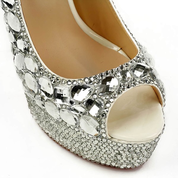 Women's Silver Patent Leather Pumps with Crystal/Crystal Heel