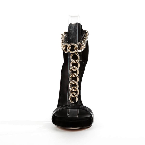 Women's Black Real Leather Pumps with Chain #LDB03030508
