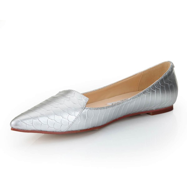 Women's Silver Real Leather Flats with Animal Print