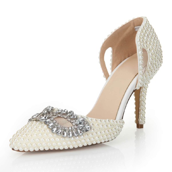 Women's White Patent Leather Pumps with Crystal/Hollow-out/Pearl