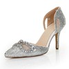 Women's Silver Satin Pumps with Crystal/Crystal Heel/Hollow-out #LDB03030555
