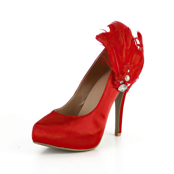 Women's Red Satin Pumps with Crystal/Applique/Feather/Pearl #LDB03030558