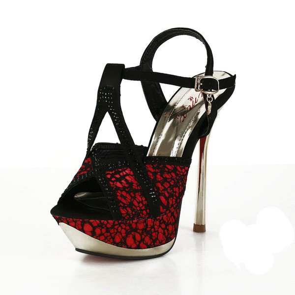 Women's Red Satin Pumps with Rivet/Stitching Lace/Buckle #LDB03030568
