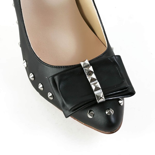 Women's Black Real Leather Pumps with Bowknot/Rivet #LDB03030577