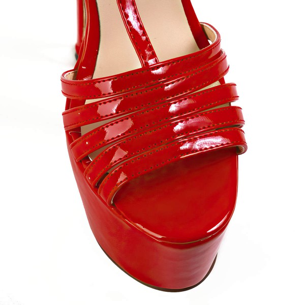 Women's Red Patent Leather Pumps with Buckle/T-Strap