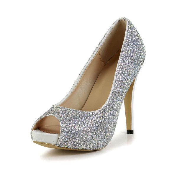 Women's Silver Real Leather Pumps with Crystal