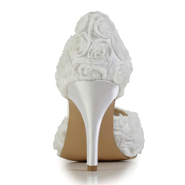 Women's White Satin Pumps with Flower