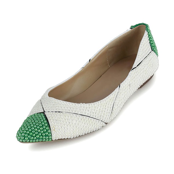 Women's White Patent Leather Flats with Imitation Pearl #LDB03030619