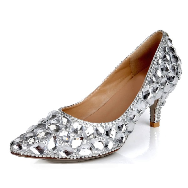 Women's Silver Real Leather Pumps with Crystal/Crystal Heel