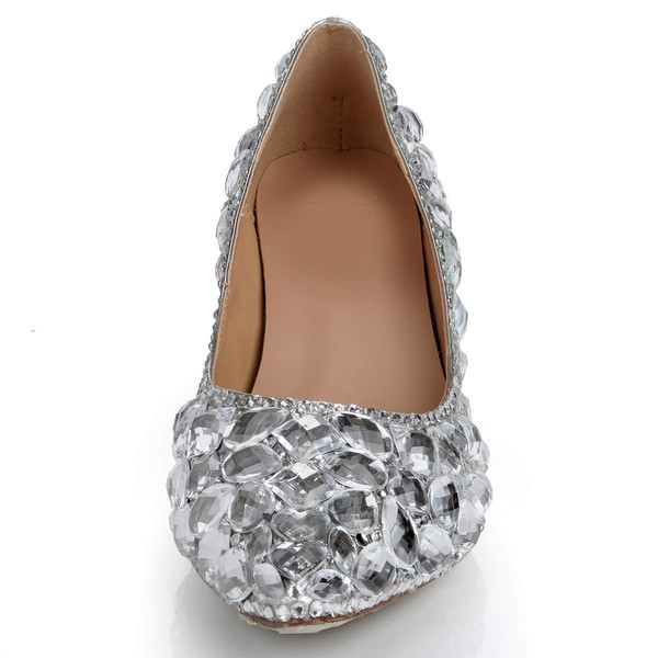 Women's Silver Real Leather Pumps with Crystal/Crystal Heel