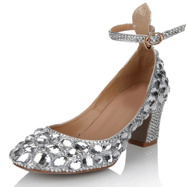 Women's Silver Real Leather Pumps with Buckle/Crystal/Crystal Heel