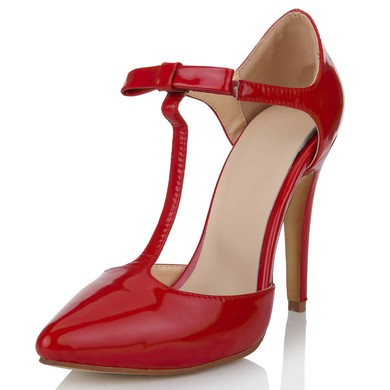 Women's Red Patent Leather Pumps with Bowknot/T-Strap #LDB03030636