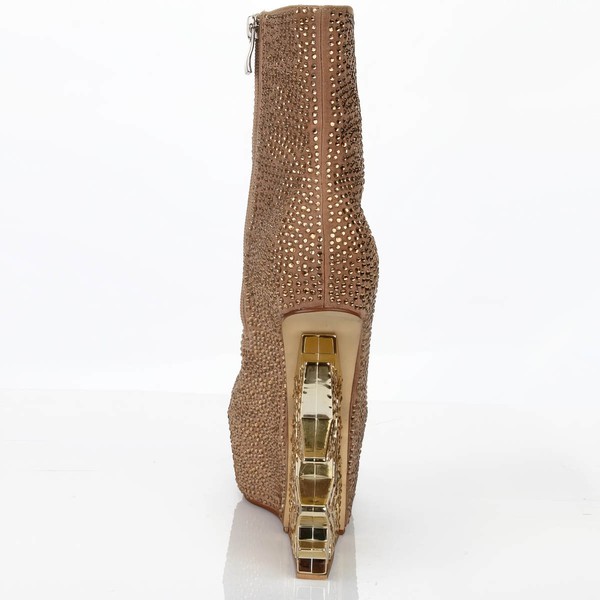 Women's Champagne Suede Platform with Zipper/Crystal/Crystal Heel